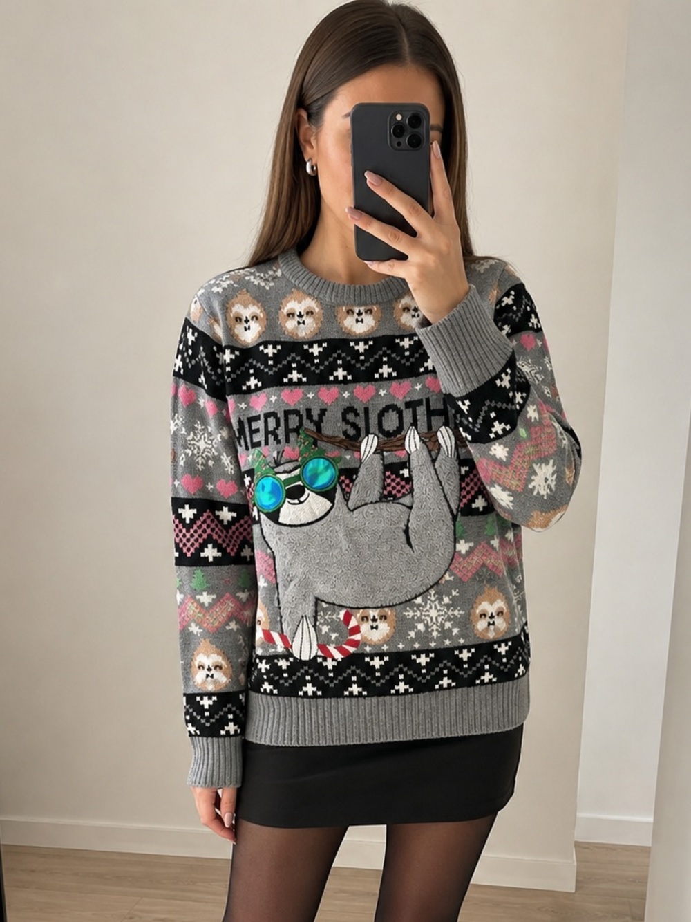 Happy Holidays Sloth Christmas Ugly Sweater Grey Knit Holiday Pullover Size S